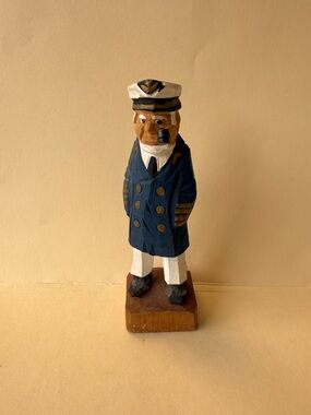 Vintage Folk Art Hand Carved Wood Sea Captain Figurine Navy & White Beach Decor